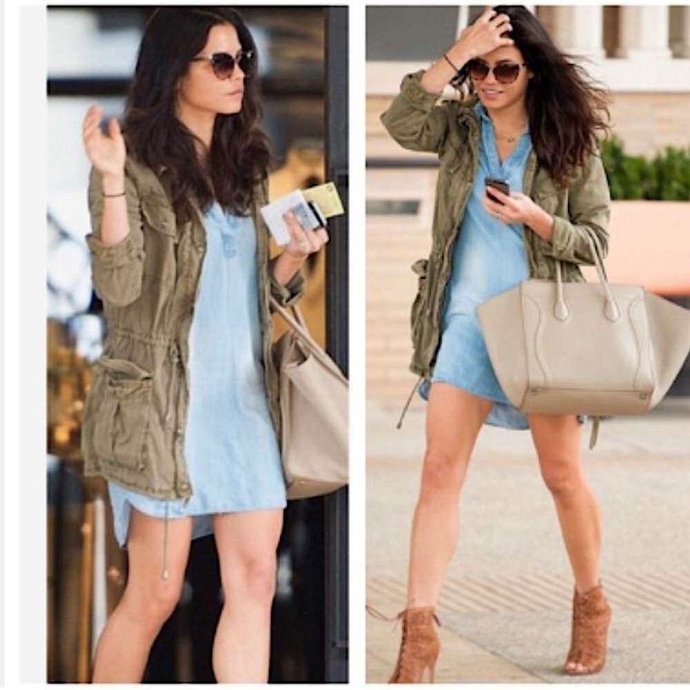 Anthropologie Light Blue Denim Tunic Dress with Olive Utility Jacket